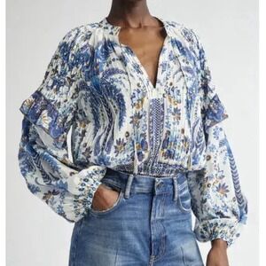 Farm Rio Women's Ana Tapestry Cotton Blend Ruffle Top XL Blue Cream Bead Accents